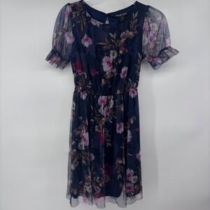 Candalite Petite Floral Mesh Dress Women's PS Petite Short Sleeve Party Cocktail